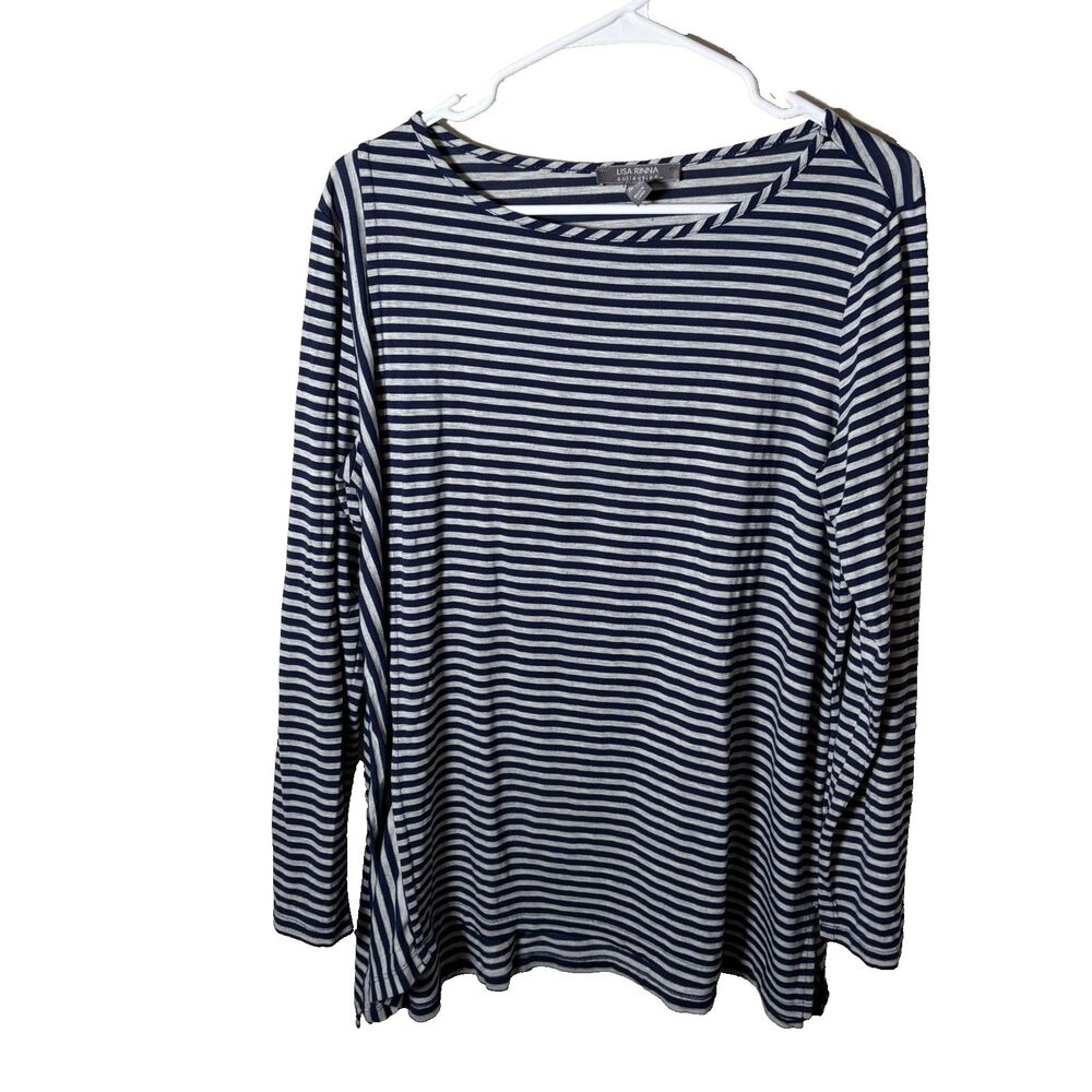 Lisa Rinna Blouse Women's Medium Striped Gray Blue 3/4 Sleeve Round Neck Casual